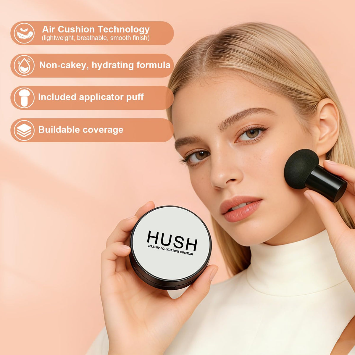 Hush Makeup mushroom puff close-up highlighting soft applicator for even coverage