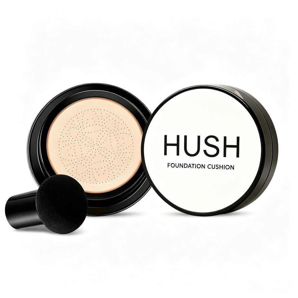 Hush Makeup front packaging showing warm cushion compact and branding for easy selection
