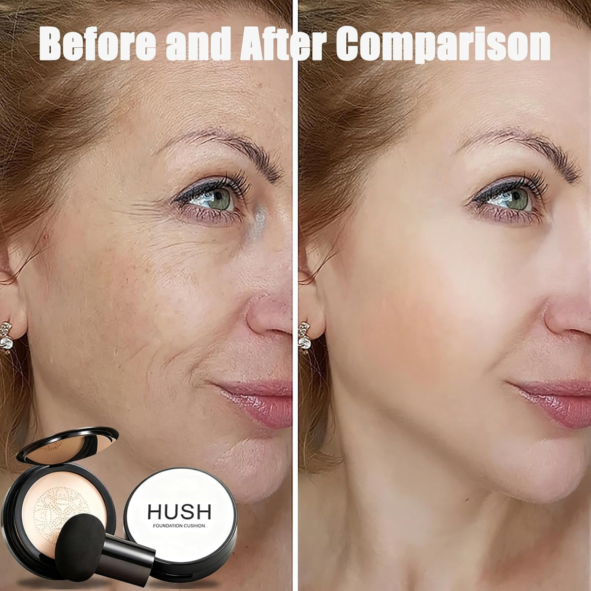 Hush Makeup side-by-side before and after showing even coverage and natural look