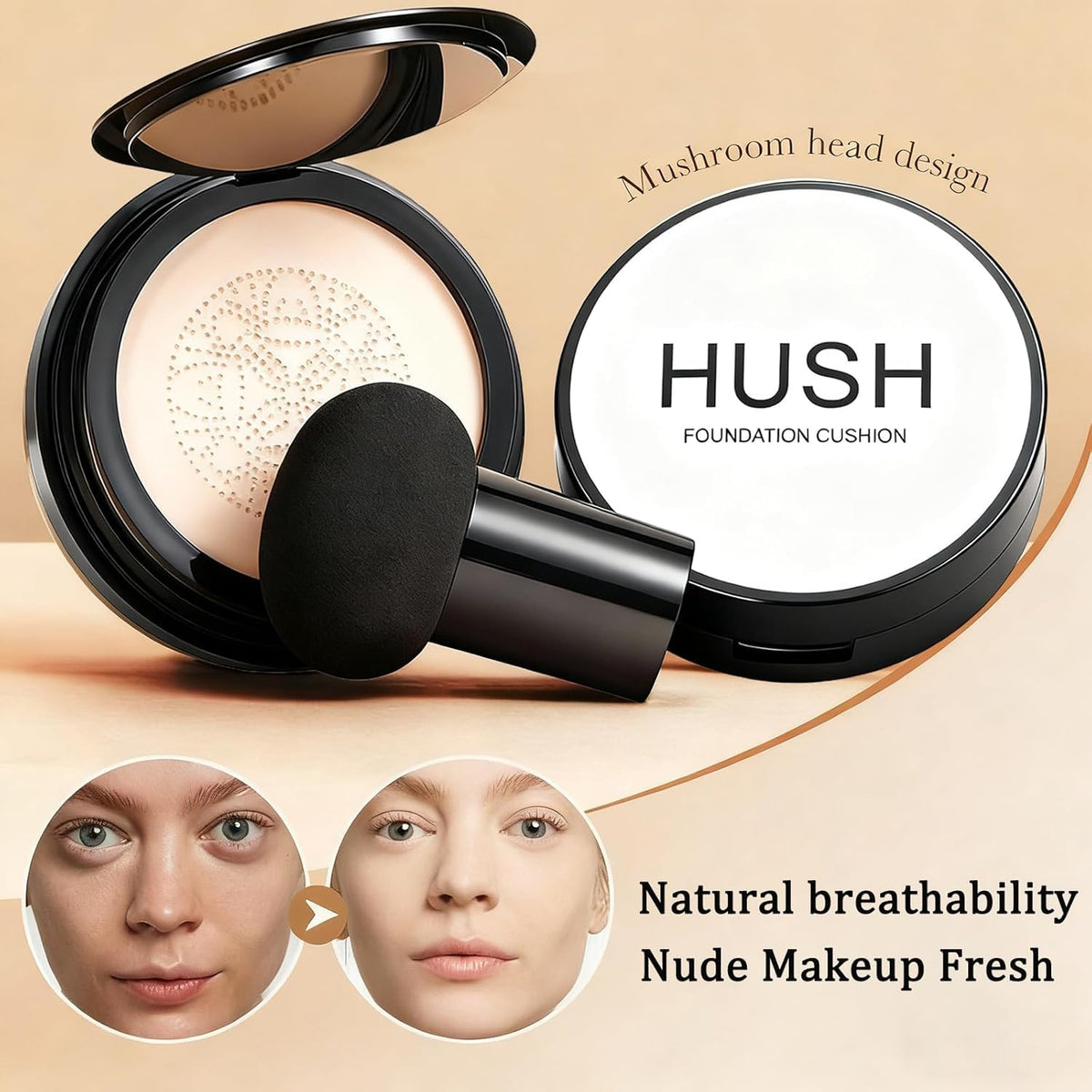 Hush Makeup cream texture swirled on skin demonstrating hydrating, non-cakey coverage