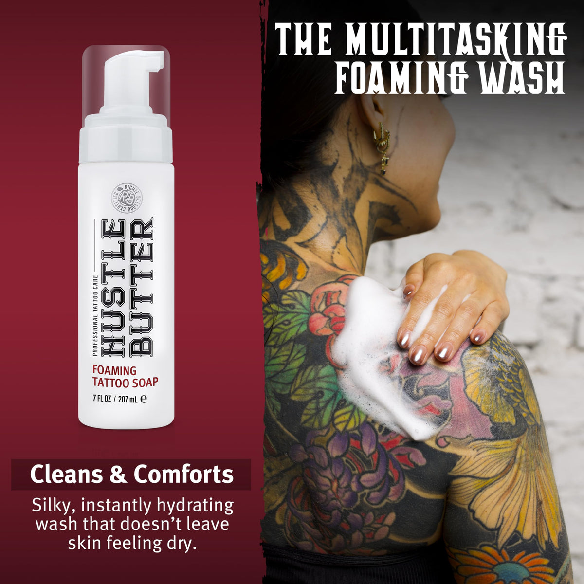 Label detail on Hustle Bubbles bottle highlighting ingredients and dermatologist-tested reassurance