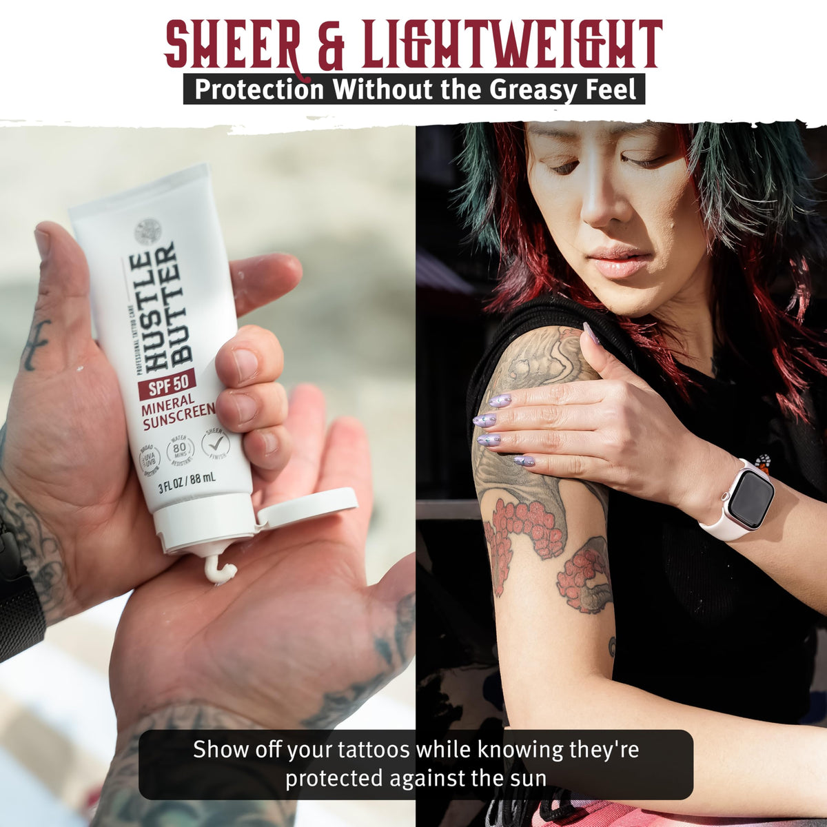 Hustle Butter being applied to tattooed arm for protection and hydration