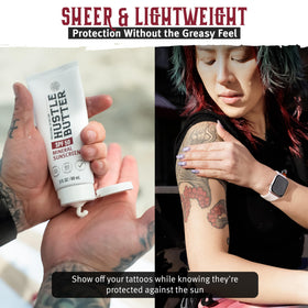 Hustle Butter being applied to tattooed arm for protection and hydration