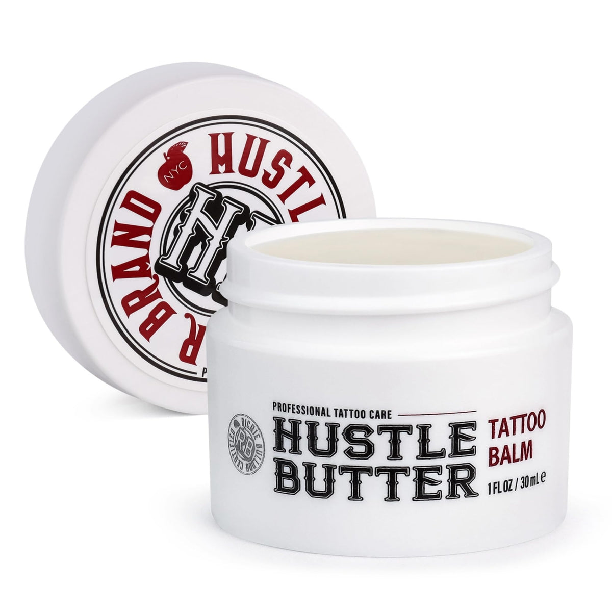 Hustle Butter Deluxe jar front view showing label and compact size benefit