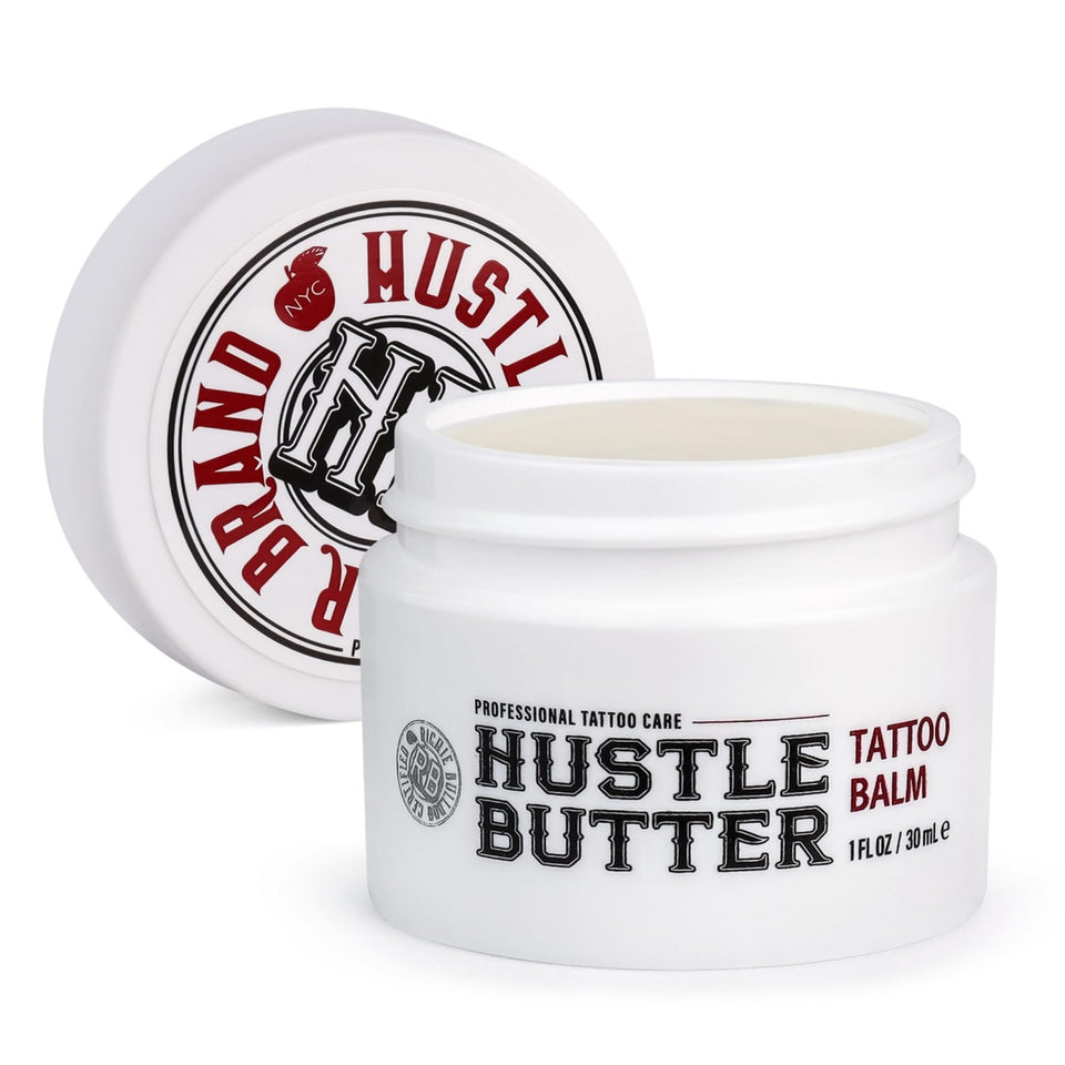 Hustle Butter Deluxe jar front view showing label and compact size benefit