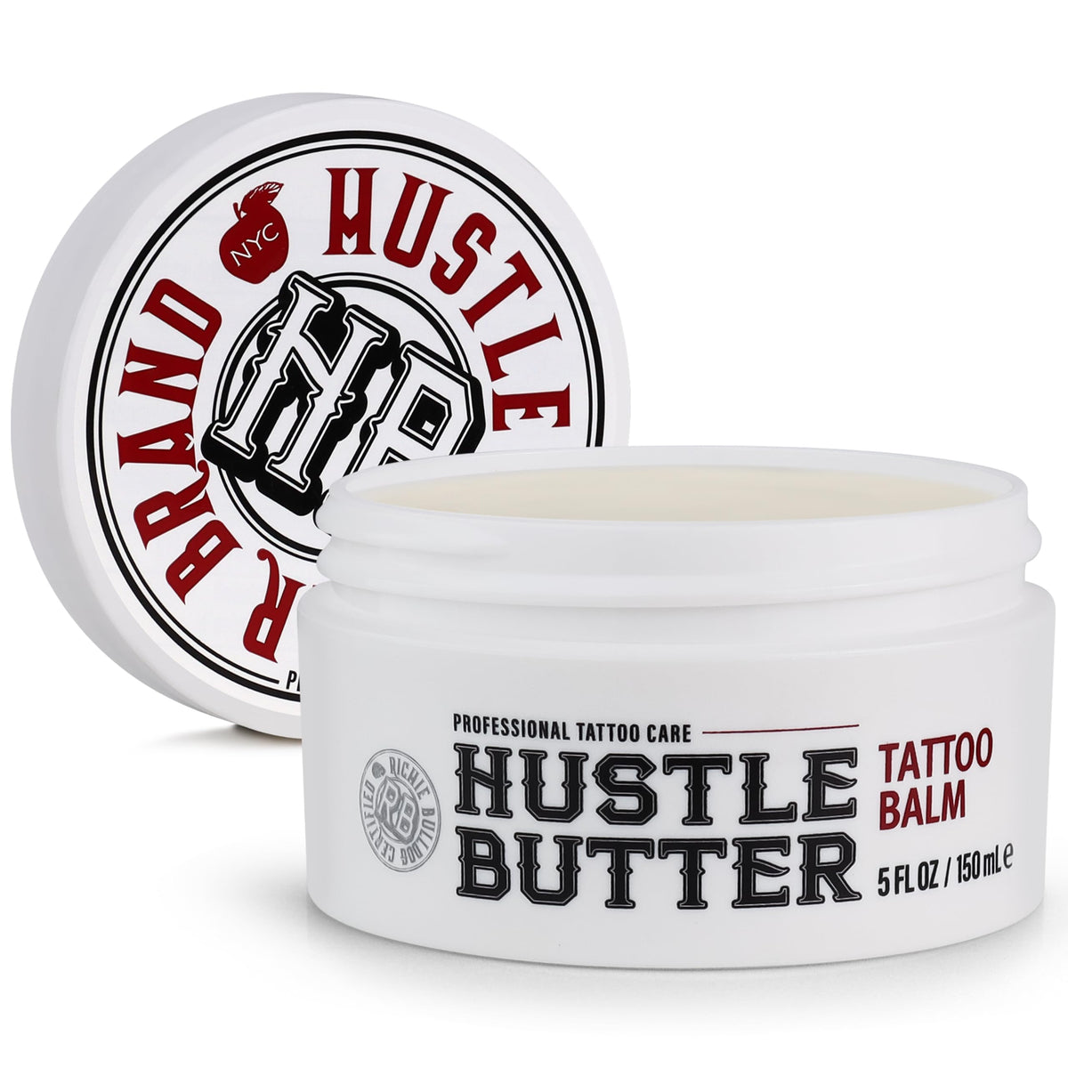 Hustle Butter Deluxe front tin showing brand and clean packaging benefit