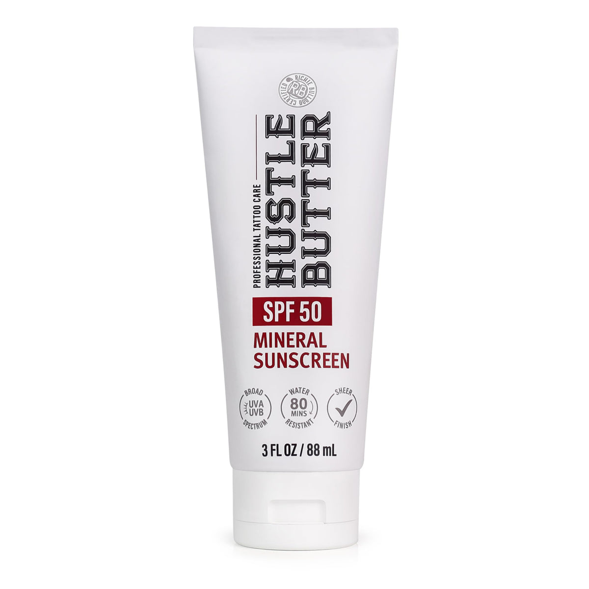 Hustle Butter front packaging showing SPF 50 and 3 oz travel-friendly benefits