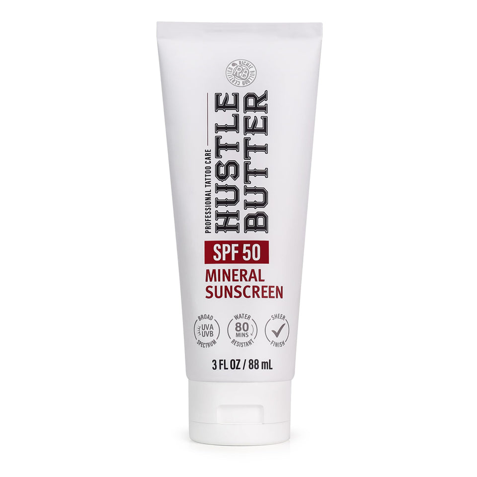 Hustle Butter front packaging showing SPF 50 and 3 oz travel-friendly benefits