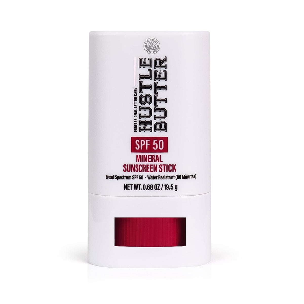 Hustle Butter front packaging showing compact sunscreen stick protecting tattoos