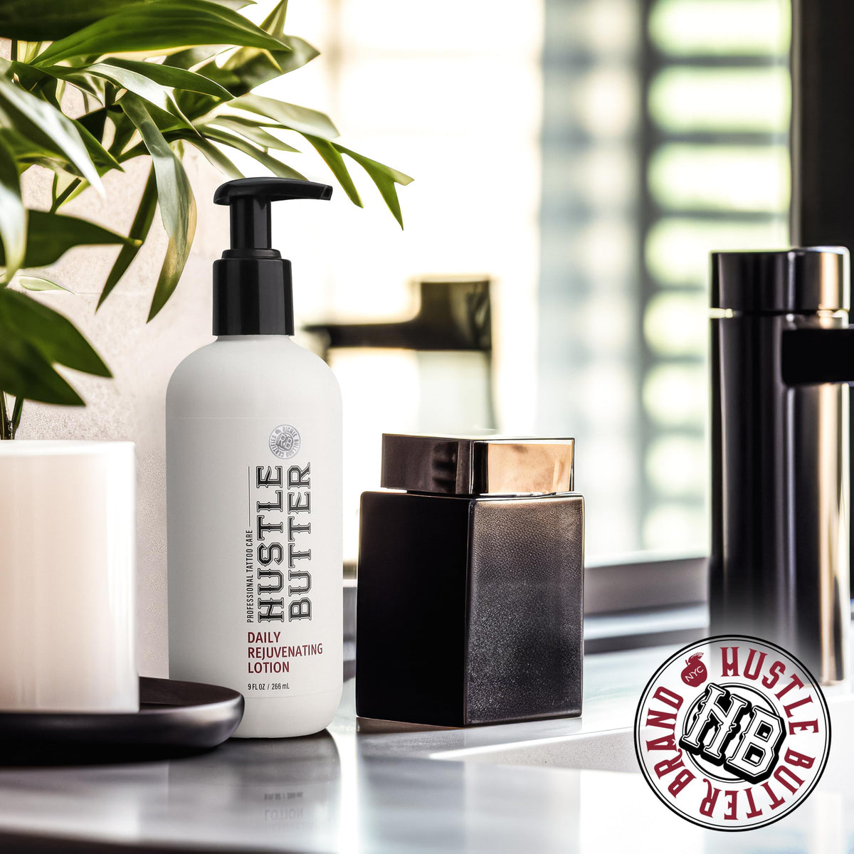 Hustle Butter with shea aloe jojoba ingredients arranged to highlight natural formulation