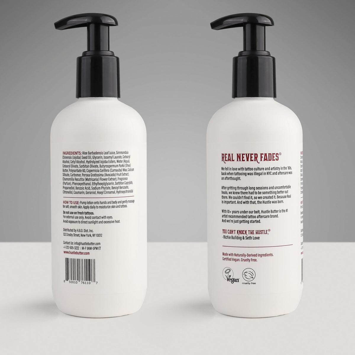 Hustle Butter packaging side label zoom displaying ingredient and cruelty-free info