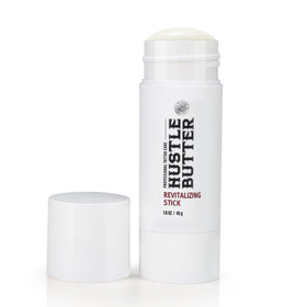 Hustle Butter stick front showing compact, mess-free design and portability