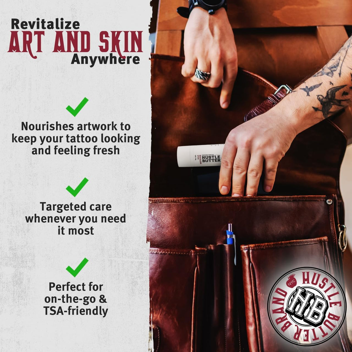 Hustle Butter texture close-up showing smooth balm for moisturizing tattoos