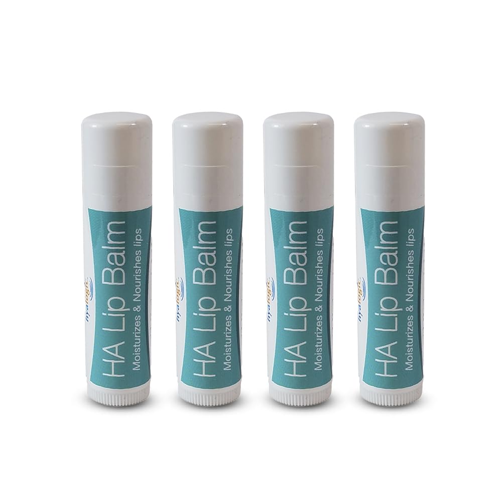Hyalogic front packaging showing four HA lip balm sticks for easy hydration