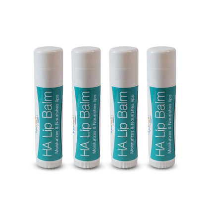 Hyalogic front packaging showing four HA lip balm sticks for easy hydration