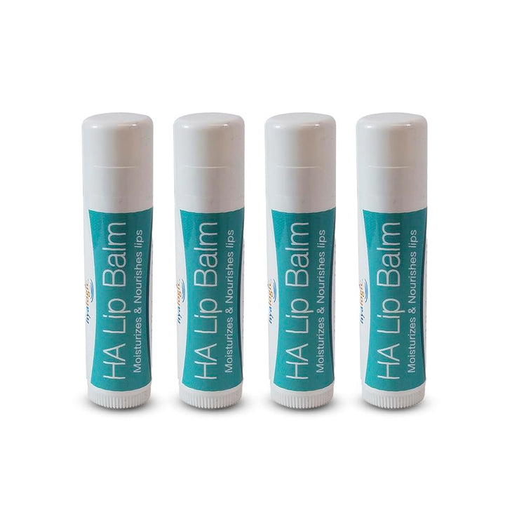 Hyalogic front packaging showing four HA lip balm sticks for easy hydration