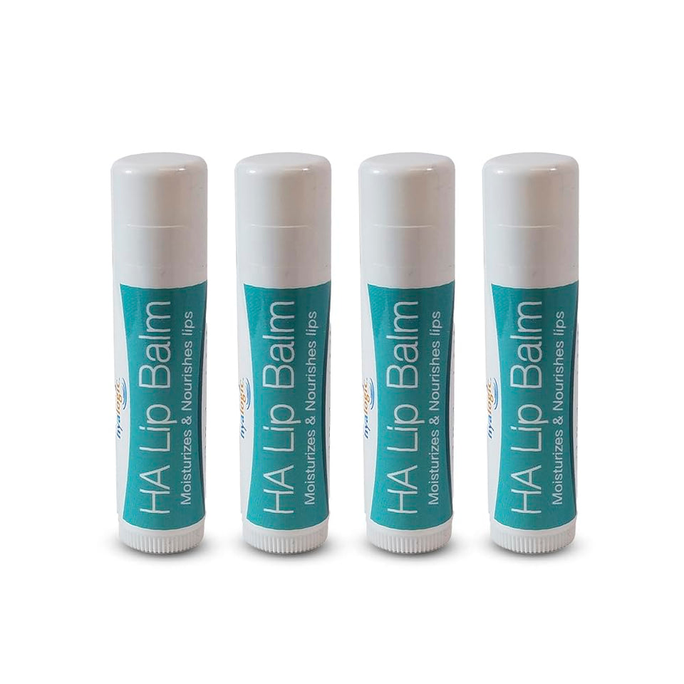 Hyalogic front packaging showing four HA lip balm sticks for easy hydration
