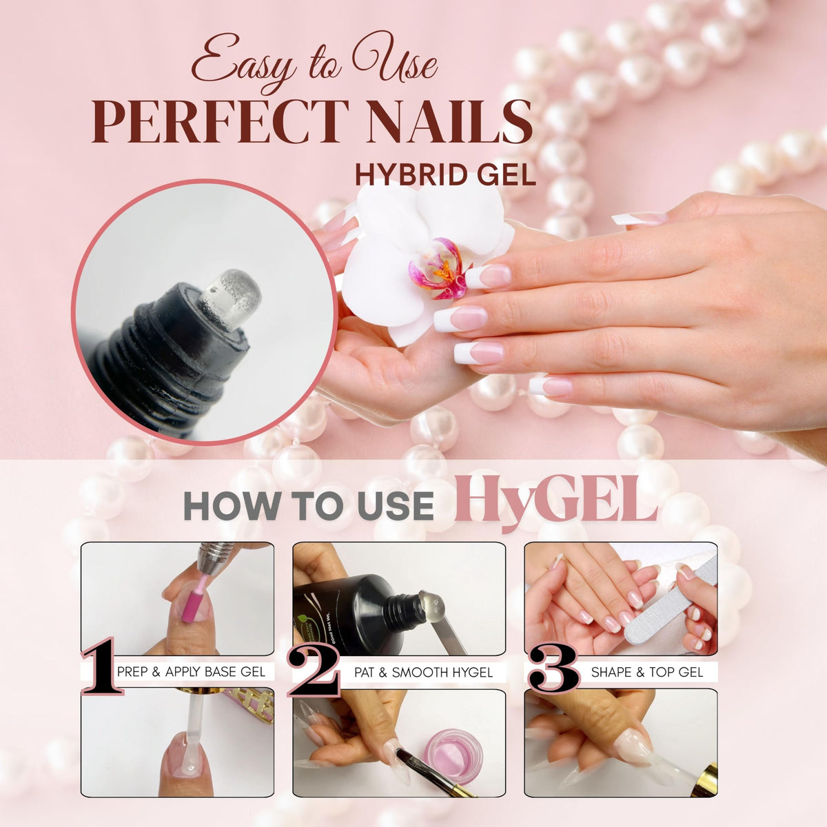 HYBA cured clear nail with high gloss finish demonstrating durable shine benefit