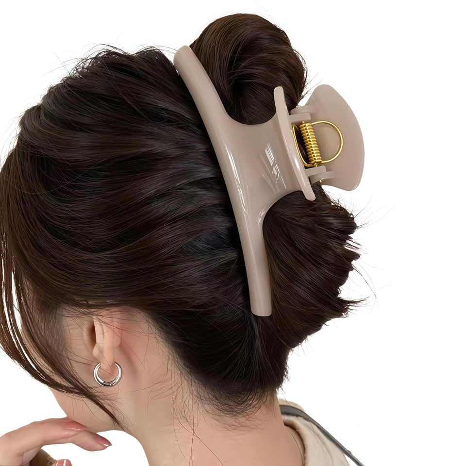 Hydigoo front view of large beige claw clip showing full length and shape, secure hold