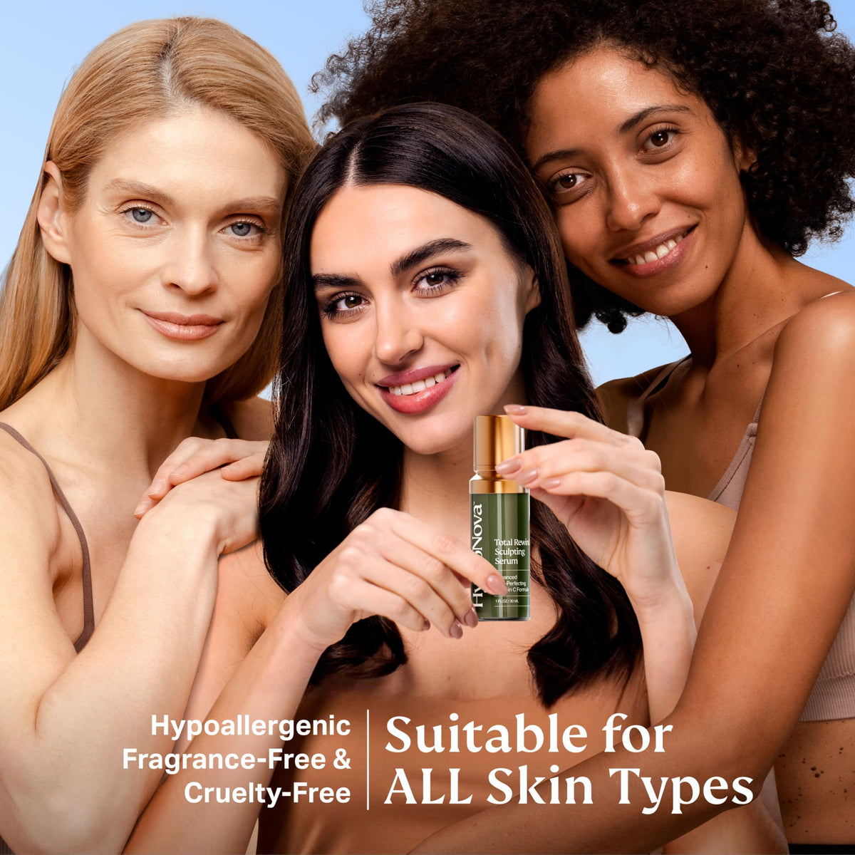 HYDRONOVA conceptual before-and-after guide, highlights improved radiance and balanced tone