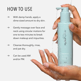 HydroPeptide cleansing gel pump and label detail showing ingredient focus