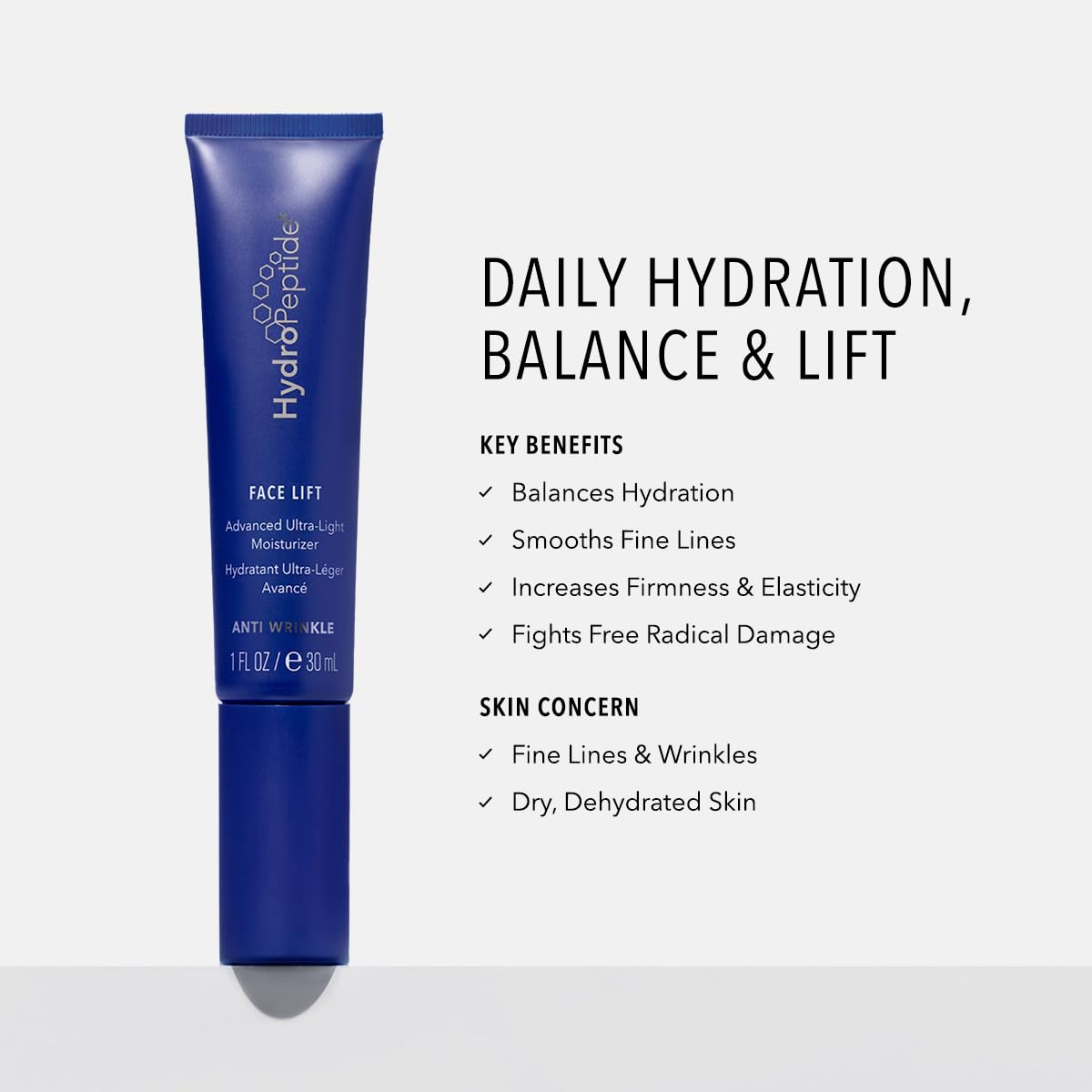 HydroPeptide cream texture close-up displaying lightweight finish benefit: fast absorption