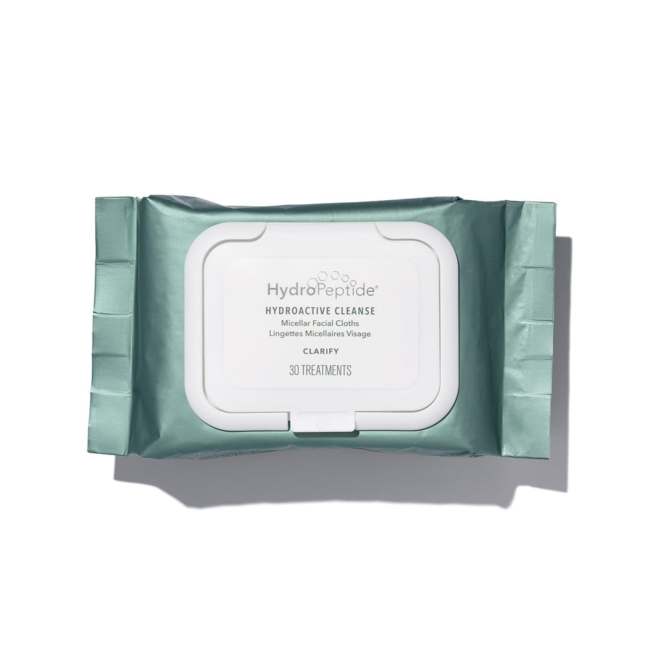 HydroPeptide front packaging showing 30 micellar facial cloths, convenient cleansing