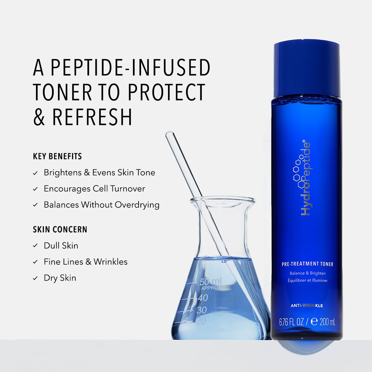 HydroPeptide toner pour demonstrating lightweight texture and easy absorption benefit