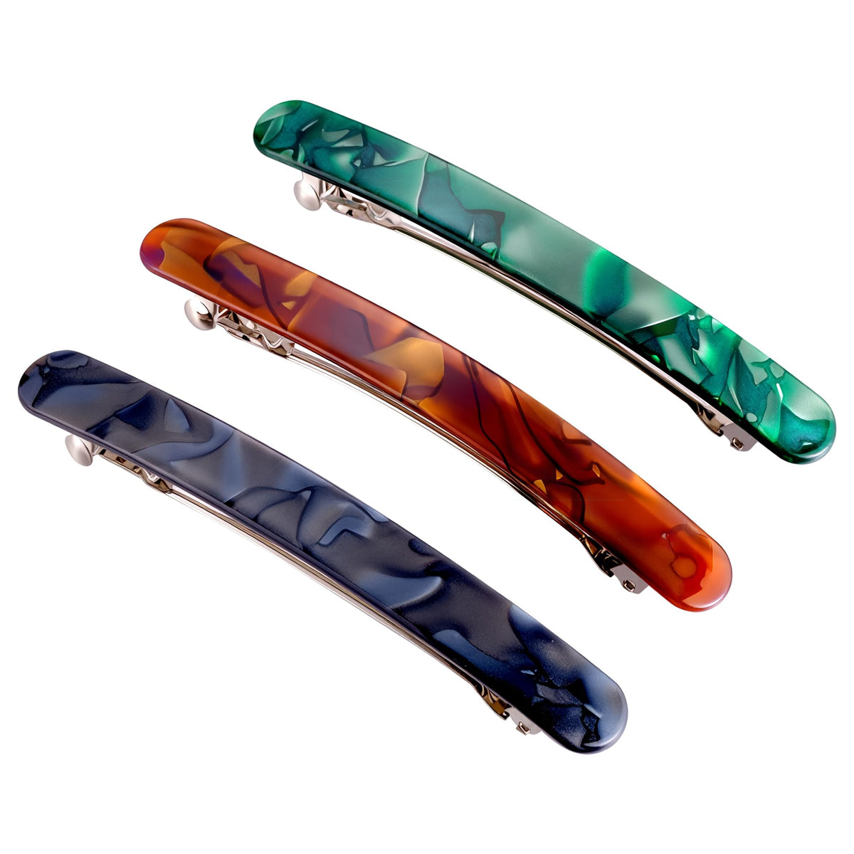 HYFEEL front view of three barrettes showing colors and sleek shape for stylish hold