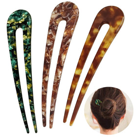 HYFEEL front view of three U-shape hair pins showing colors and glossy finish for elegant hold