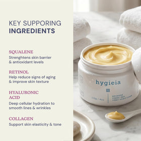 Hygieia + applied to neck in lifestyle shot illustrating visible smoothing and hydration benefit