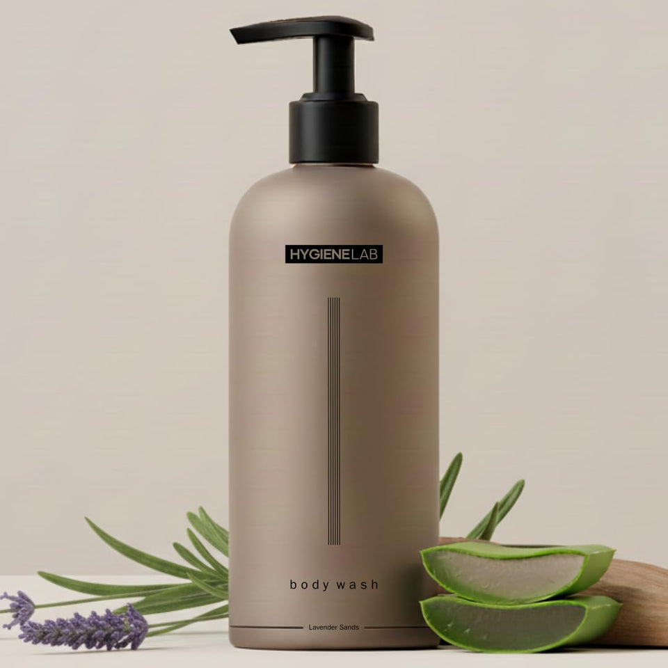 HygieneLab front bottle showing clean design and Lavender Sands scent benefits