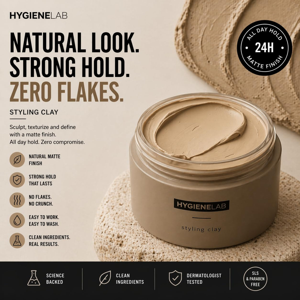 HygieneLab clay in hands being warmed for application and effortless styling benefit