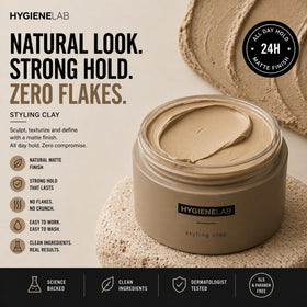 HygieneLab clay in hands being warmed for application and effortless styling benefit