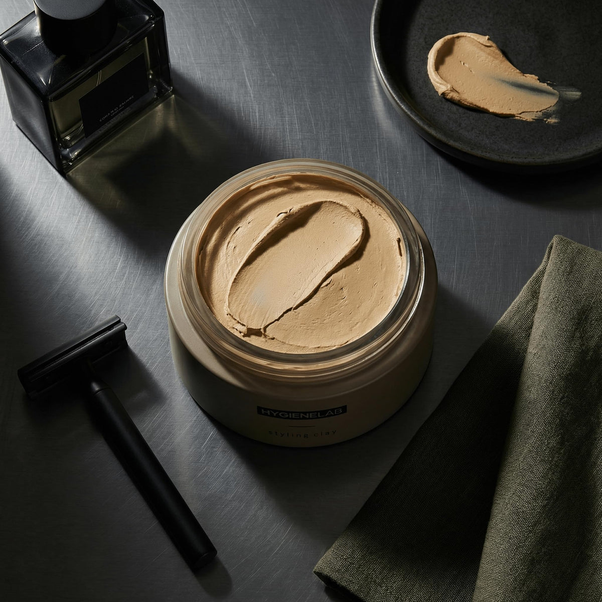 Bathroom vanity scene with HygieneLab jar for daily routine and confidence-boosting benefit