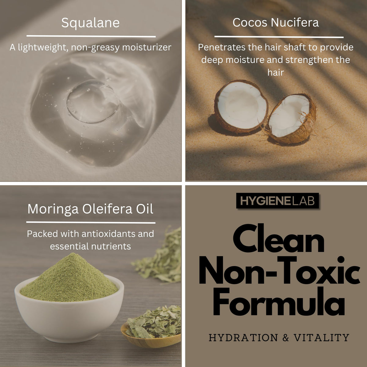 HygieneLab ingredients array with oils and butters showcasing nourishing botanical benefits