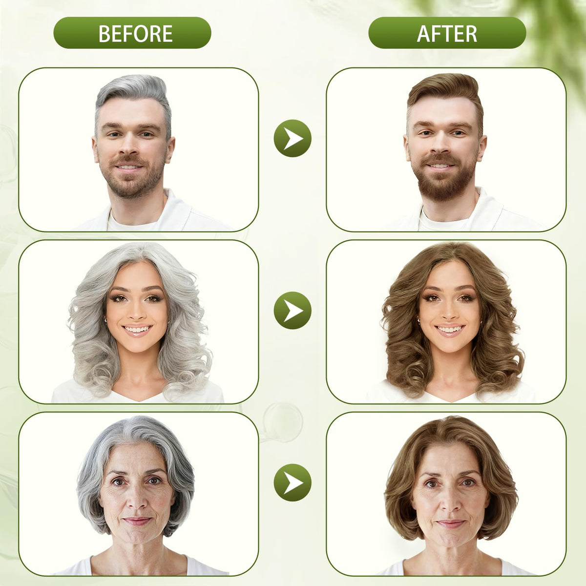 Hynqor before and after comparison illustrating gray coverage and natural light brown result