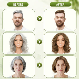 Hynqor before and after comparison illustrating gray coverage and natural light brown result