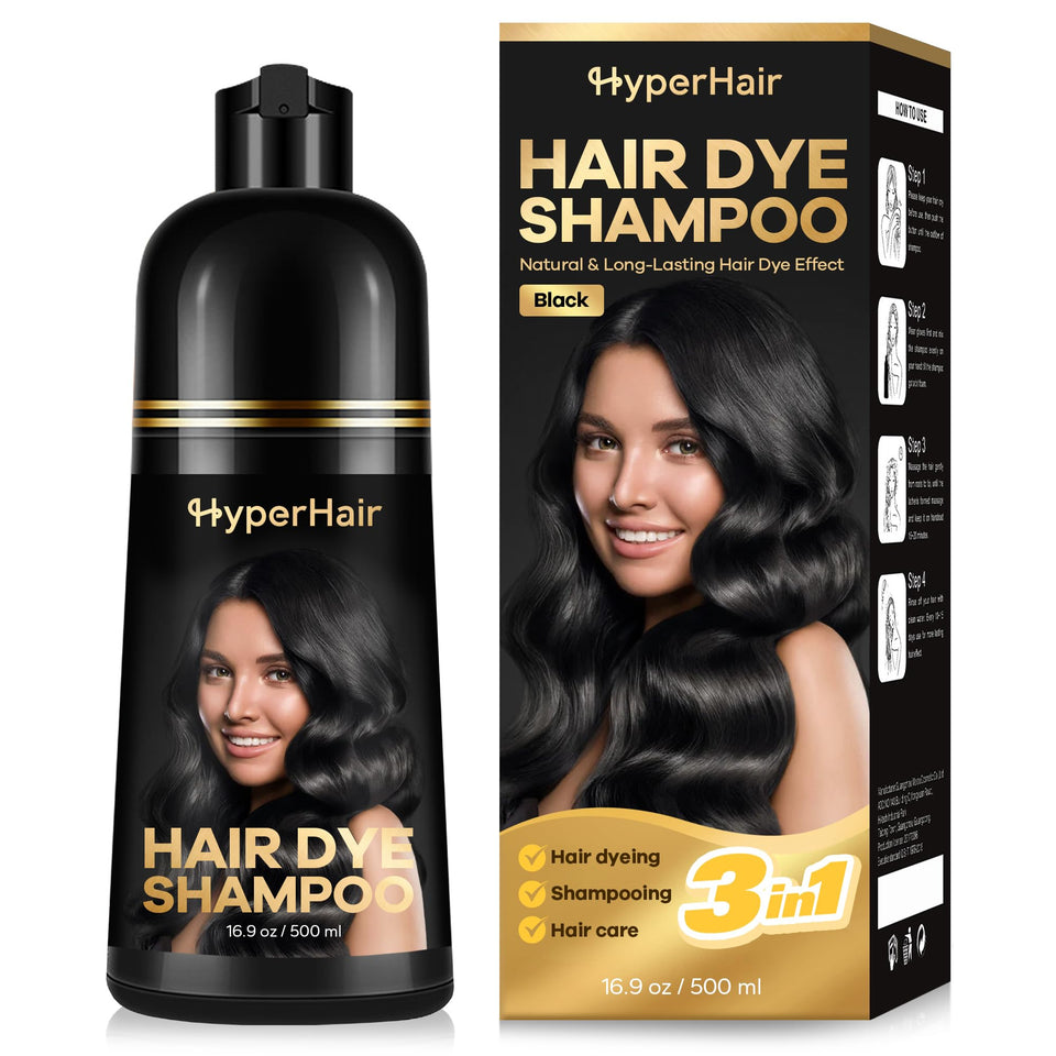 HyperHair front packaging showing black dye shampoo and quick care