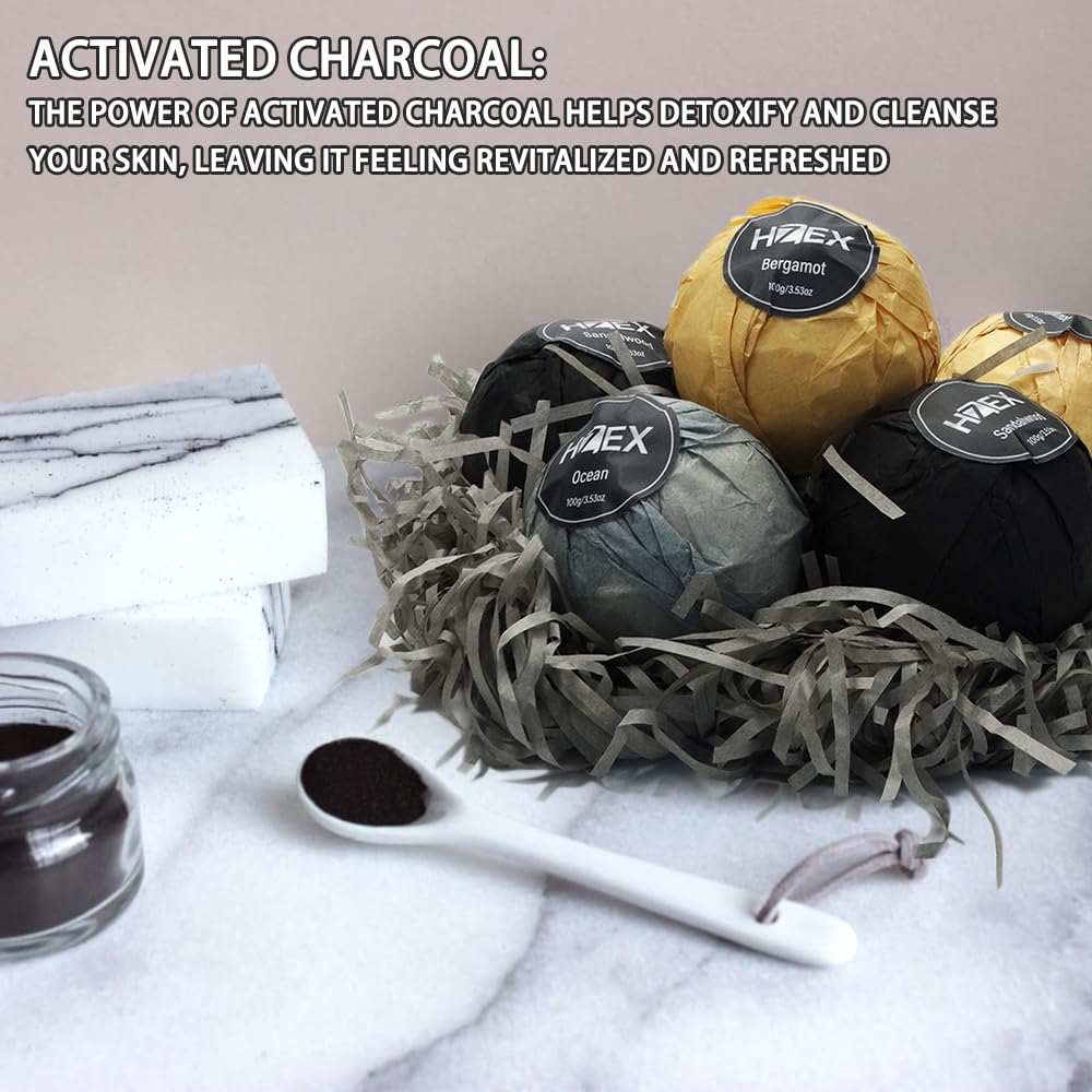 HZEX charcoal bath bomb close-up showing fine texture and purity benefit