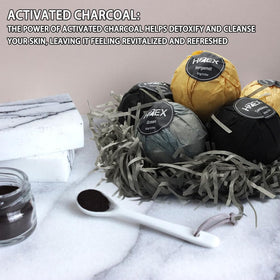 HZEX charcoal bath bomb close-up showing fine texture and purity benefit