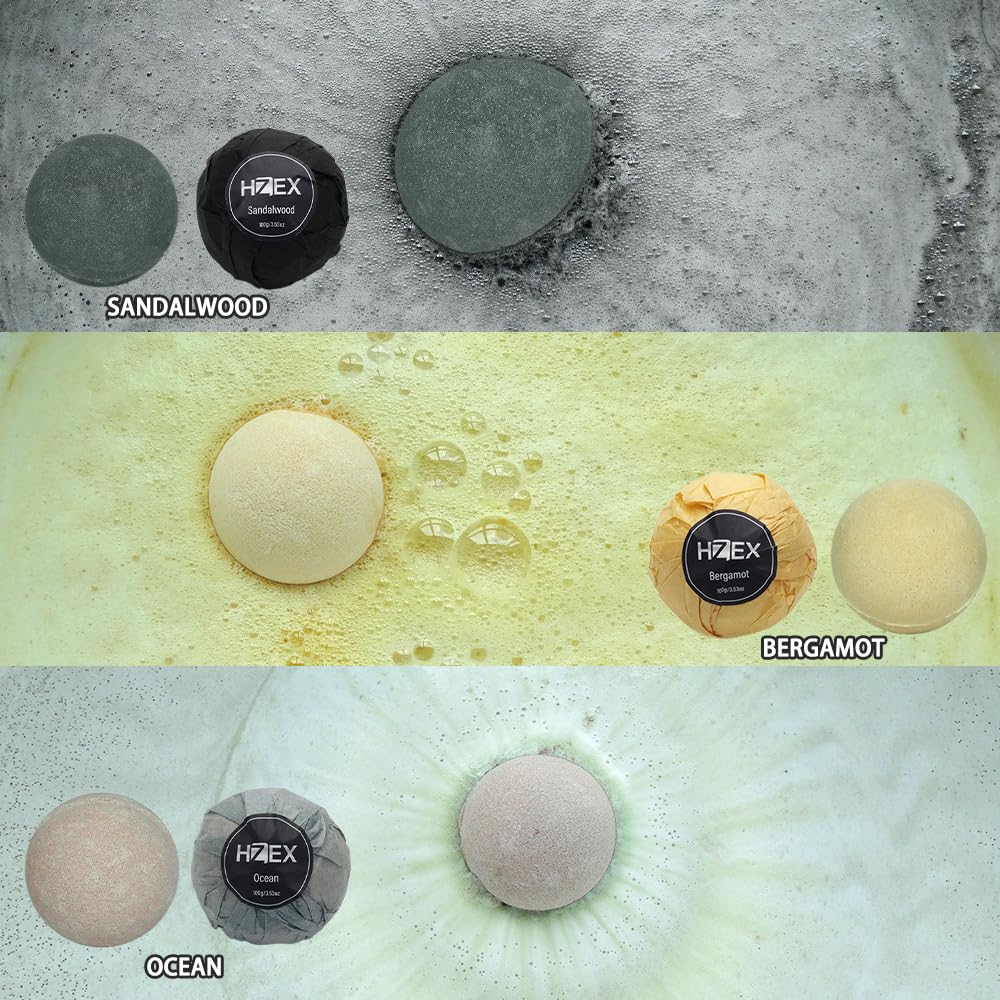 HZEX sandalwood bath bomb held in hand highlighting size and ease