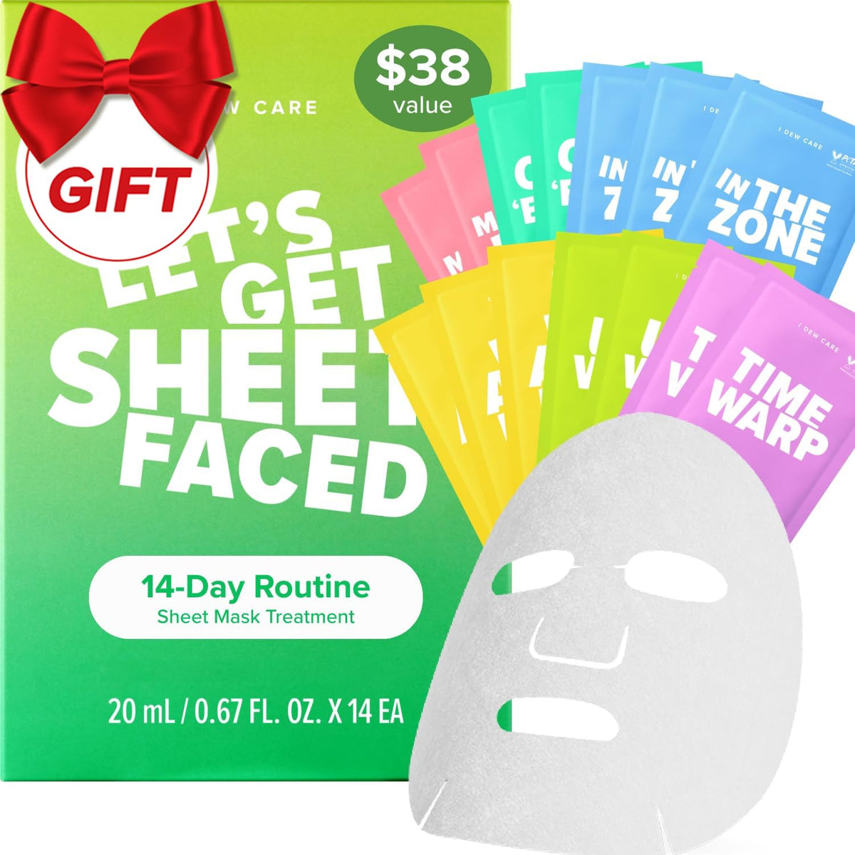 I DEW CARE front box showing 14-mask variety for a two-week routine