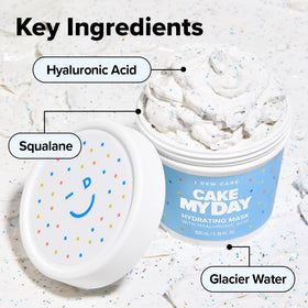 I DEW CARE flatlay with tubs and natural ingredients showing gentle, plant-based actives