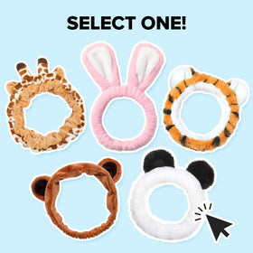 I DEW CARE giraffe headband on bathroom counter creating playful spa vibe