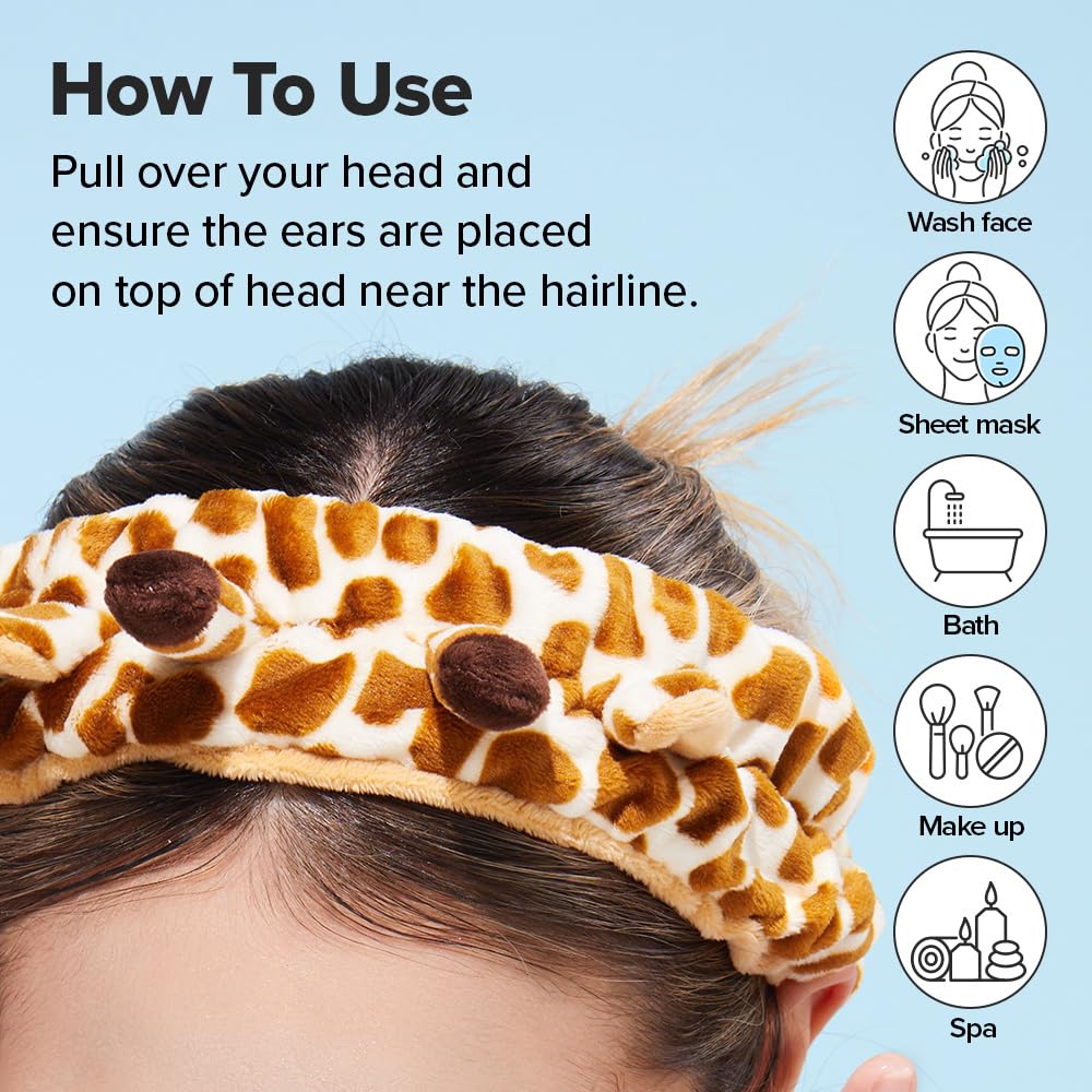 I DEW CARE giraffe headband styled beside cleansers emphasizing tidy routine