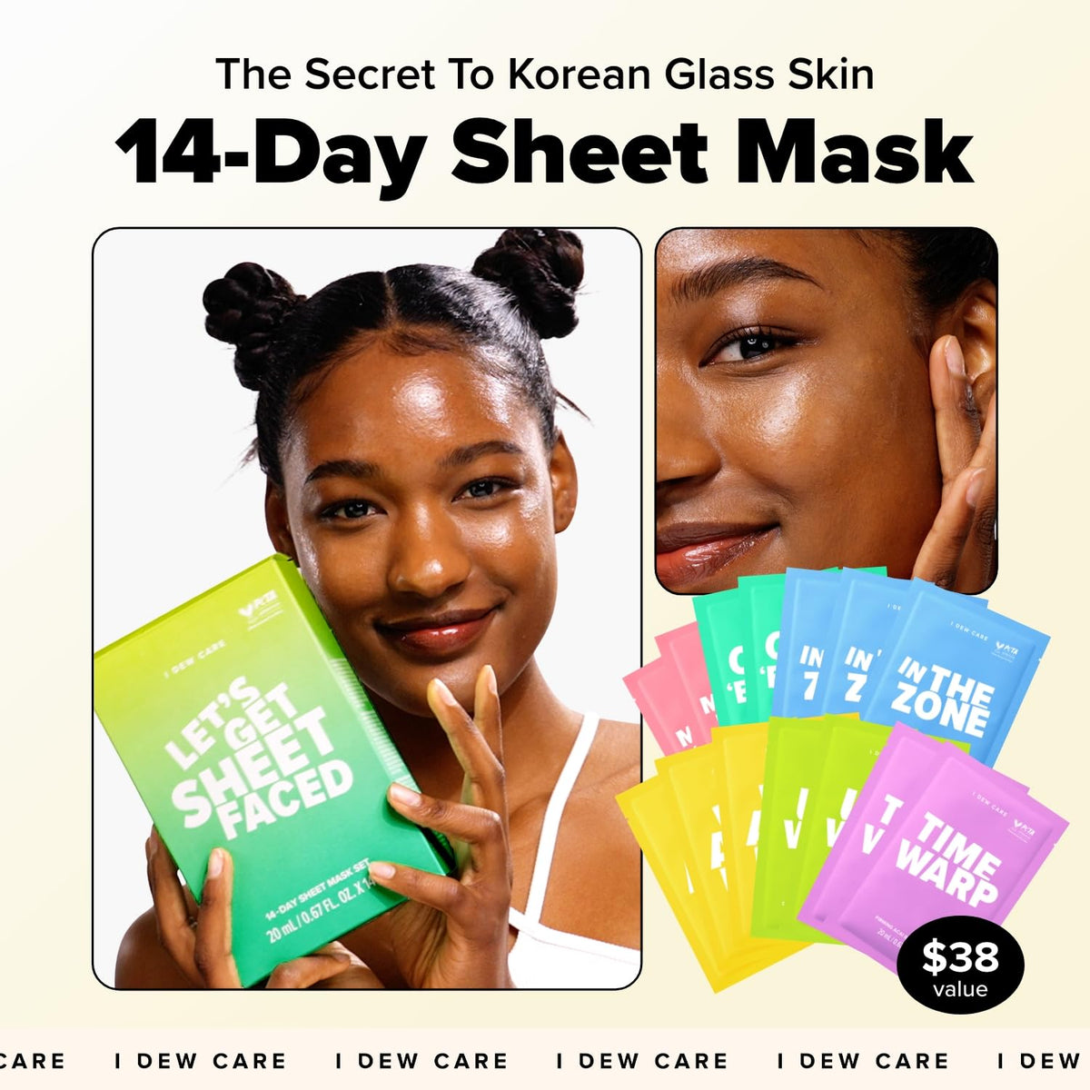 I DEW CARE individual mask packets arrayed to show six targeted variants
