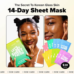 I DEW CARE individual mask packets arrayed to show six targeted variants
