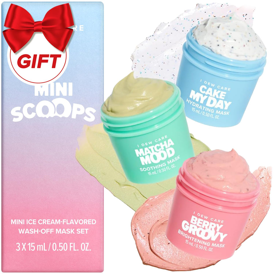 I DEW CARE front packaging showing three mini clay mask tubs, perfect for travel