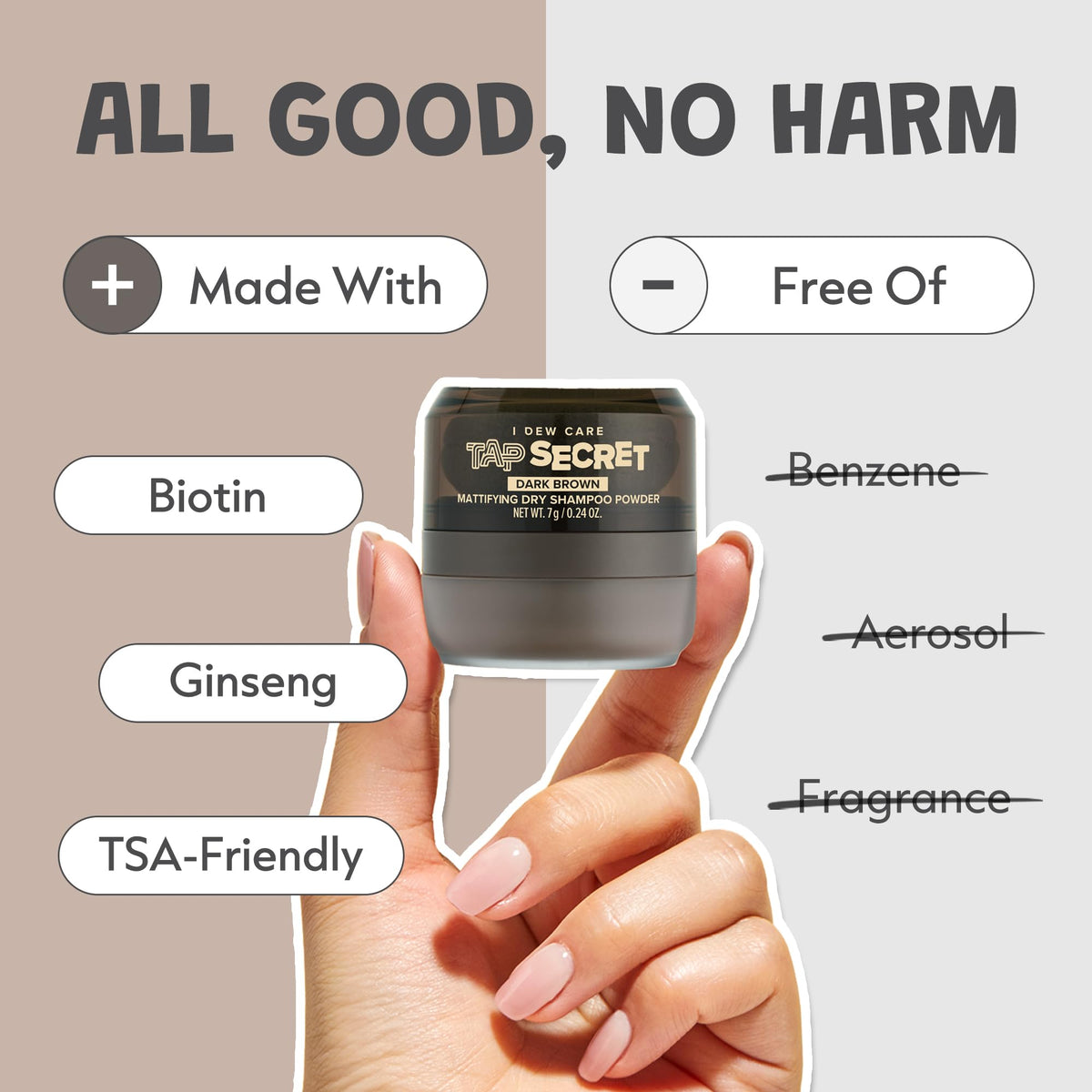 I DEW CARE applying powder to fingertips demonstrating controlled, no-mess use